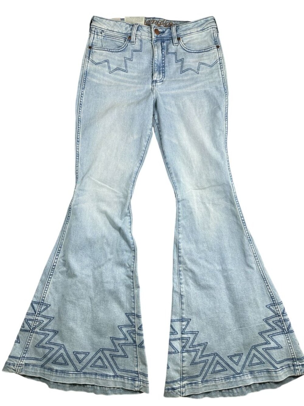 Wrangler Flare Jeans Size 29 x 34 Light Wash Blue Geometric Embroidery Retro - Picture 2 of 10